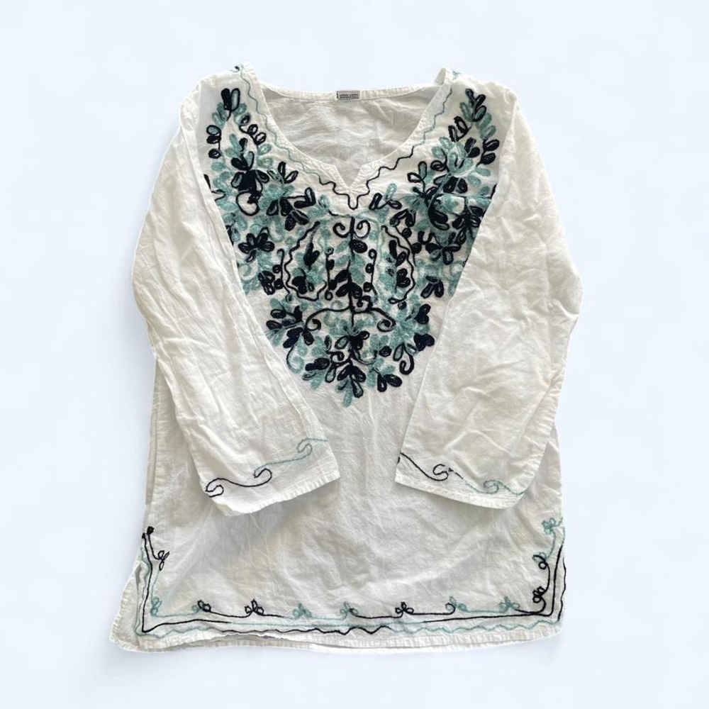 White embroidered cotton boho blouse 3/4 sleeve size S